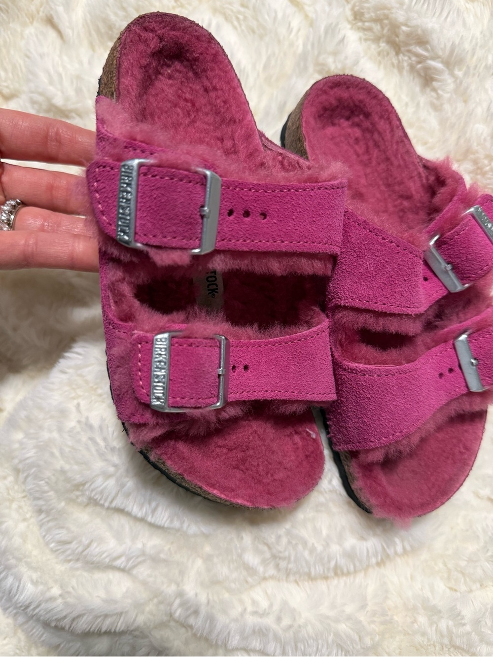 Birkenstock Kids Pink Suede Fuzzy Two-Strap Sandals